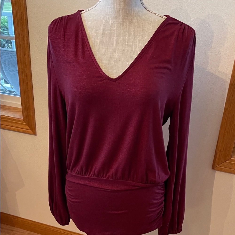 White House Black Market Burgundy V-Neck Blouse